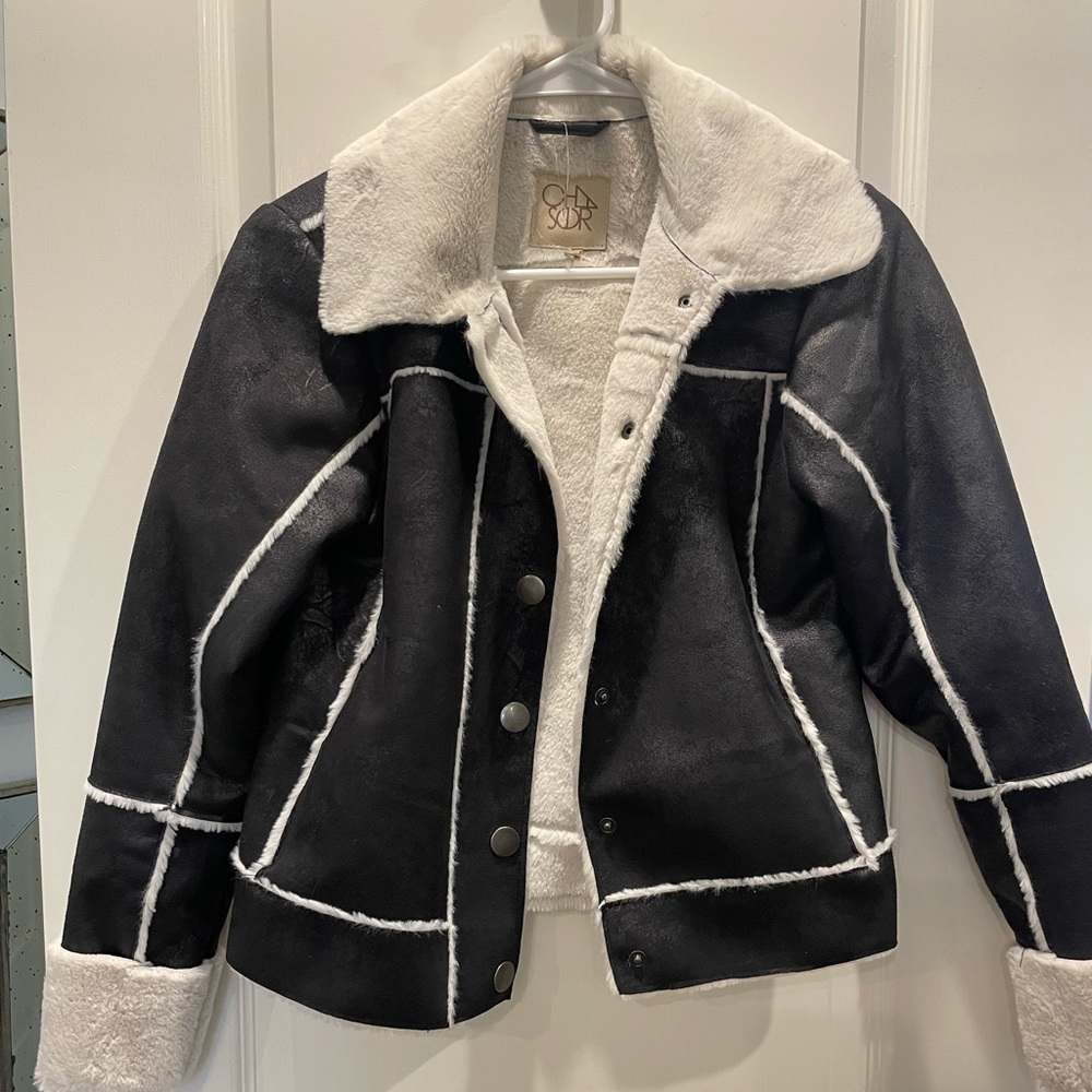 Chaser Womens Black-Ivory Faux Suede short Bomber Jacket.